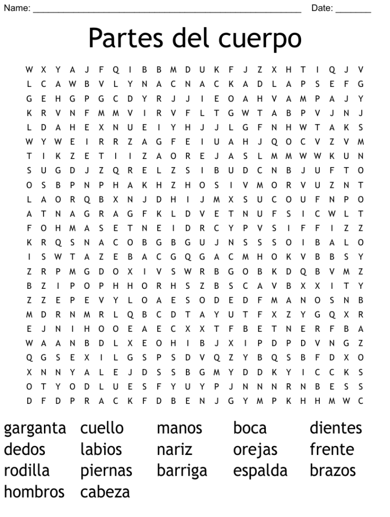 Partes Del Cuerpo Word Search Wordmint Word Search Printable