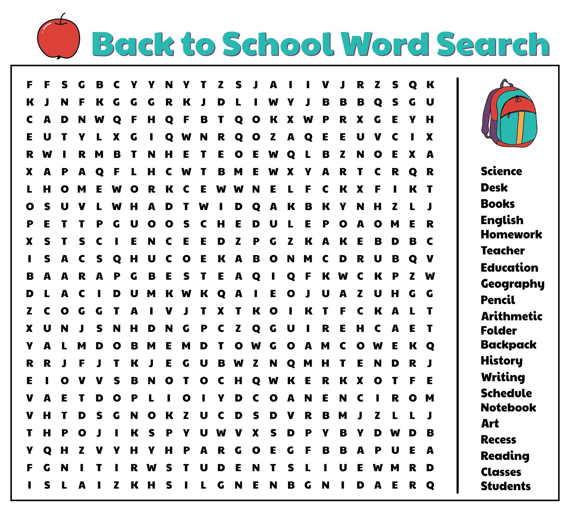 Printable Back To School Word Search