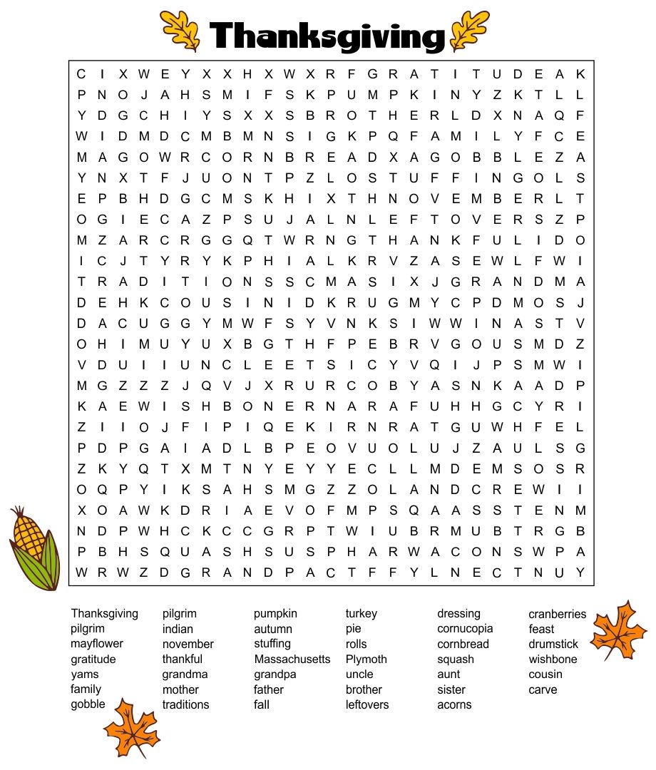 Hard Thanksgiving Word Search Printable