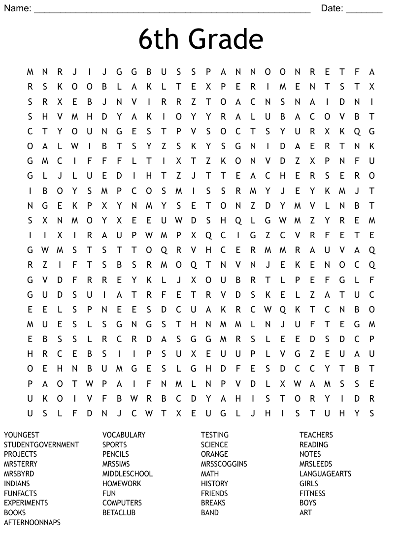 6th Grade Word Search WordMint