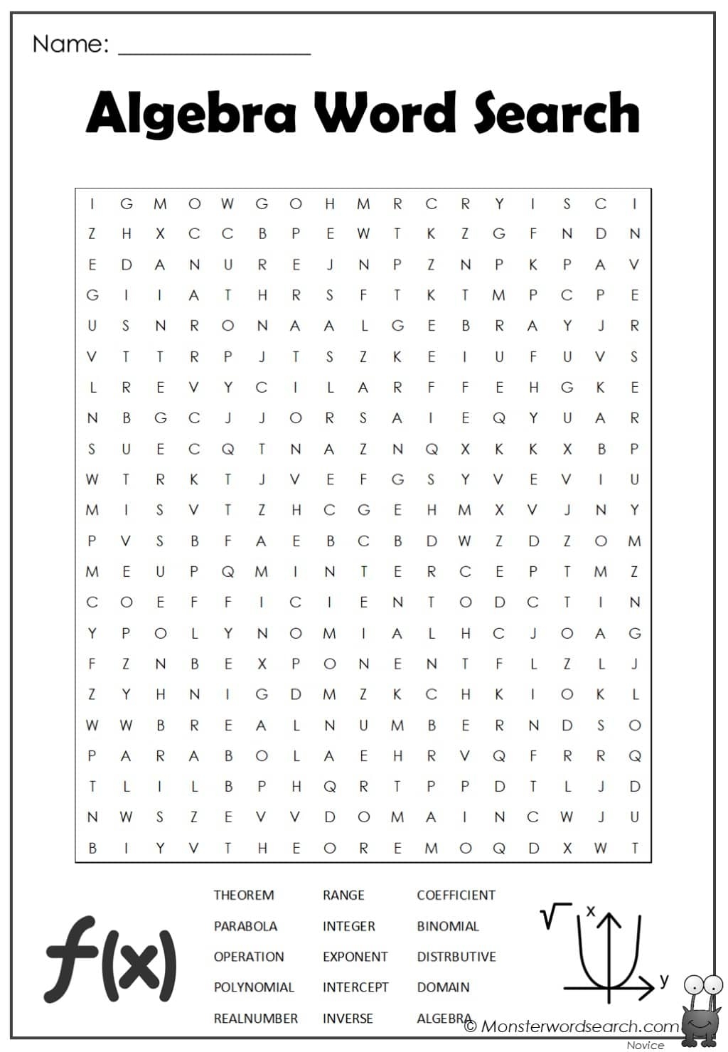 Algebra Word Search Word Search Monster Word Search