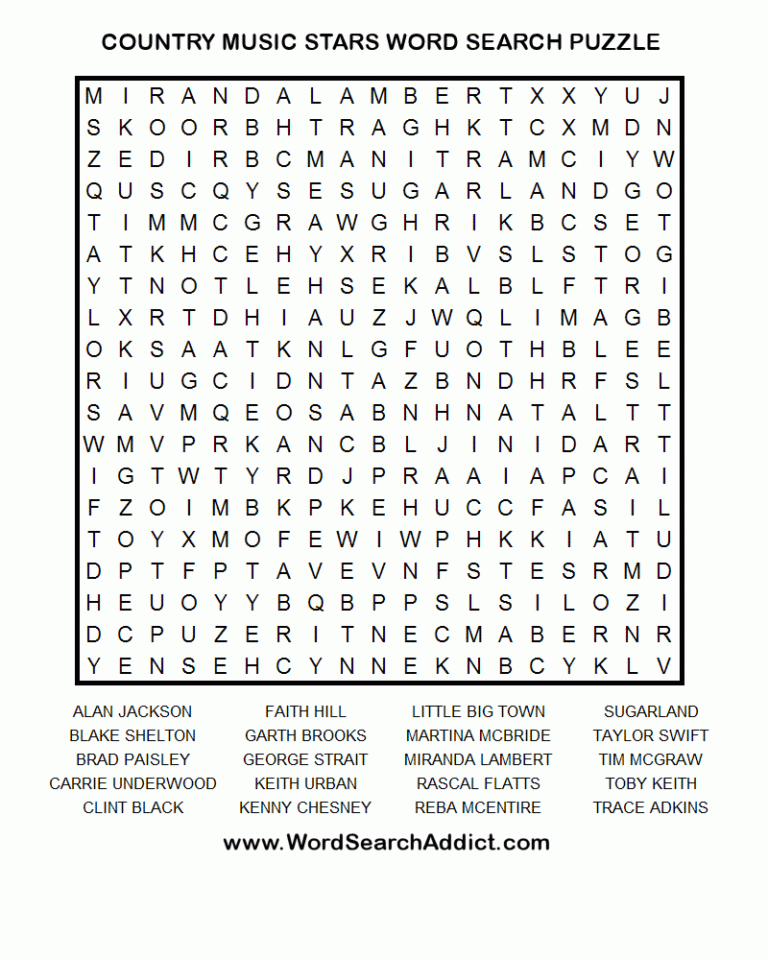 Country Music Stars Printable Word Search Puzzle Printable Crossword