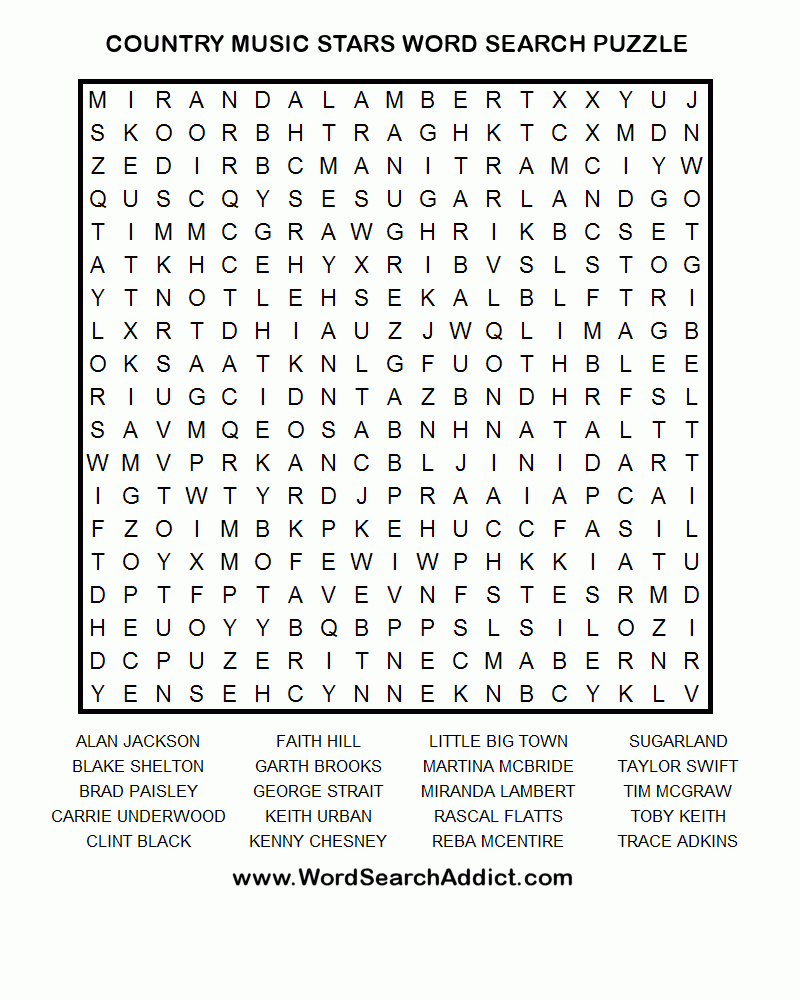 Country Music Stars Printable Word Search Puzzle Printable Crossword Puzzles Word Search Puzzles Printables Difficult Puzzles