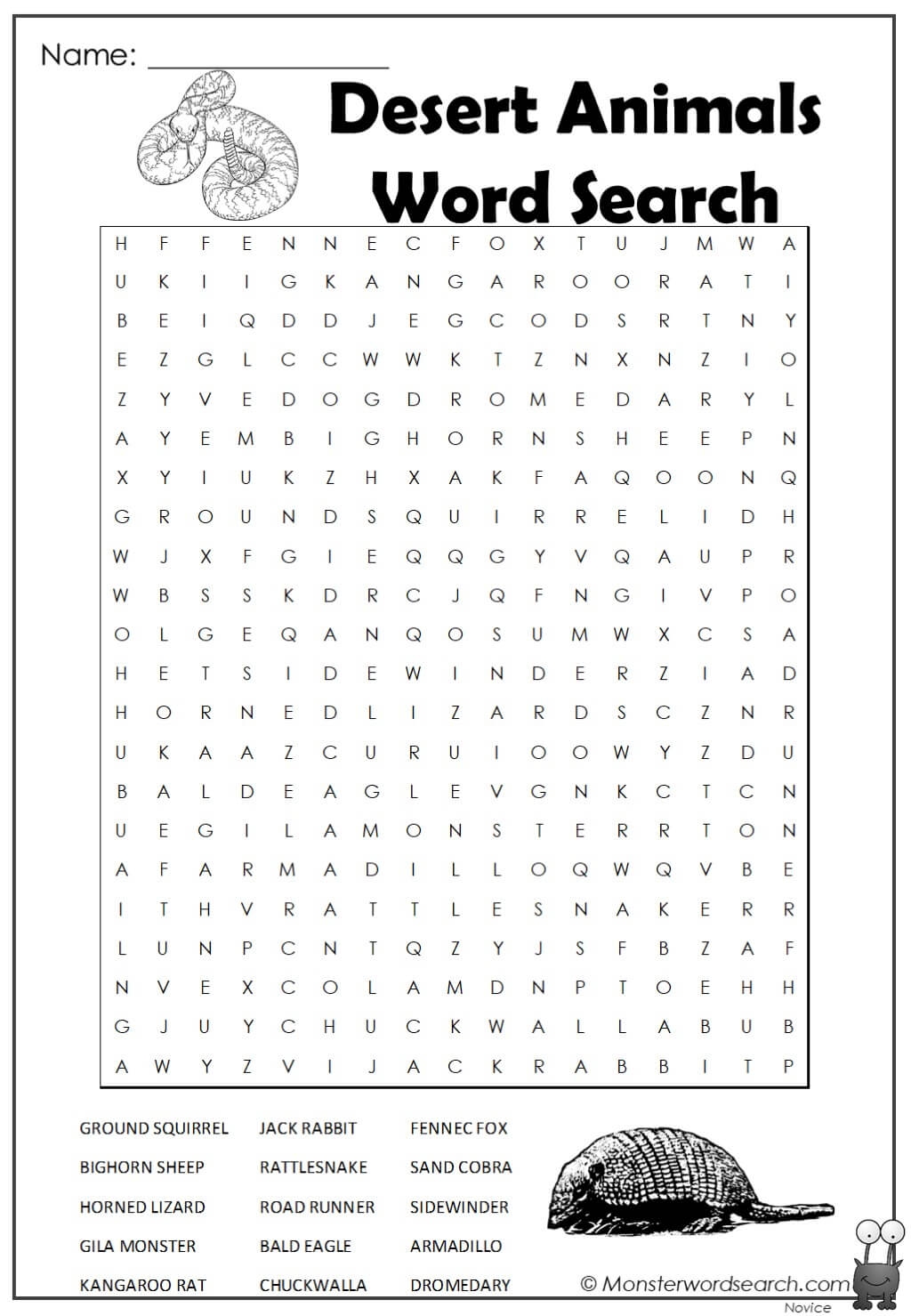 Desert Animals Word Search Monster Word Search