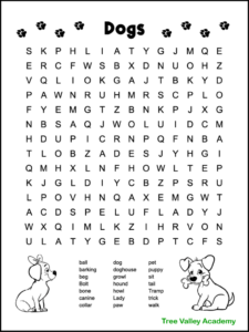 Dog Themed Word Search For Kids Tree Valley Academy - Word Search Printable