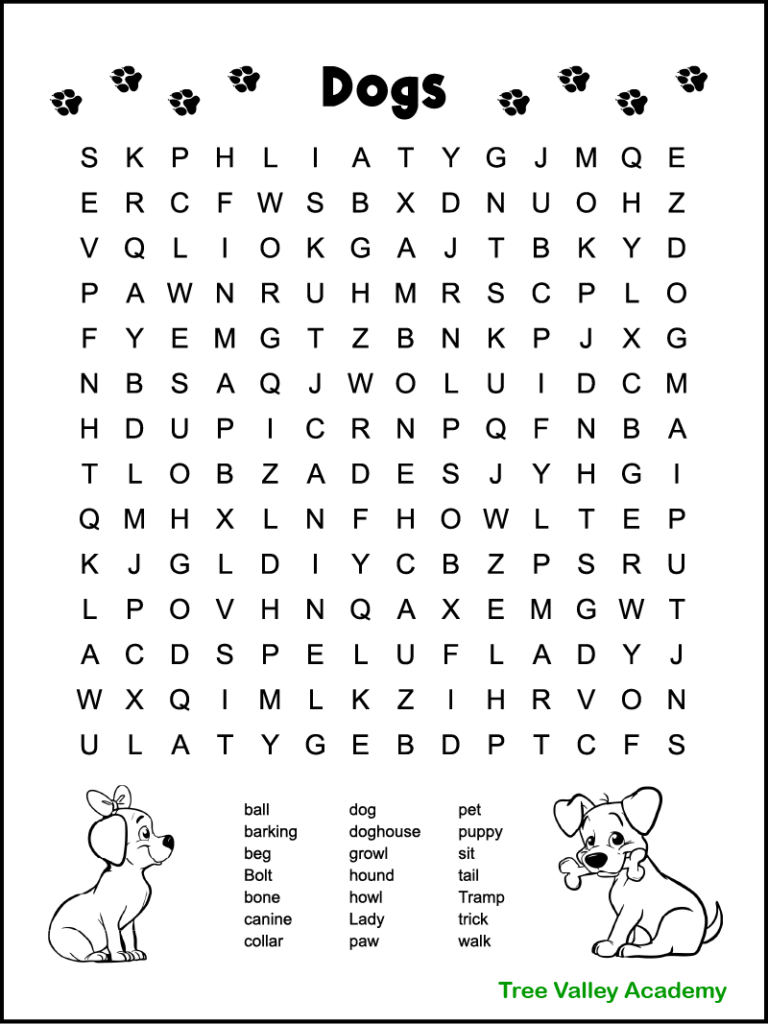 Dog Themed Word Search For Kids Tree Valley Academy
