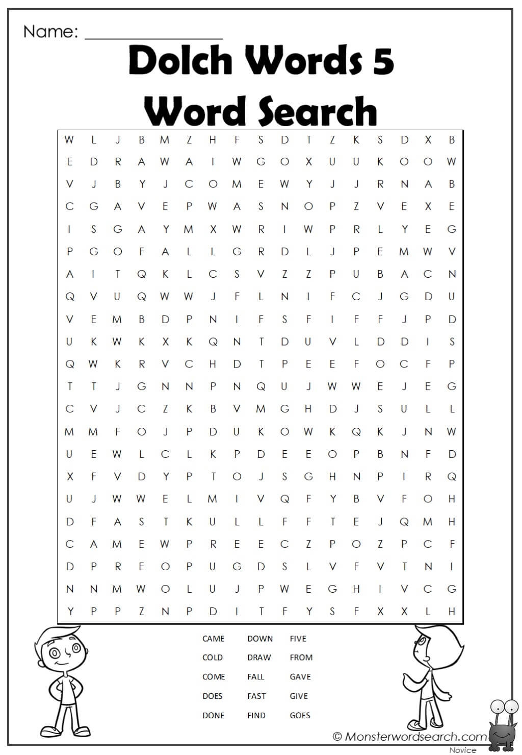 Dolch Words 5 Word Search Monster Word Search