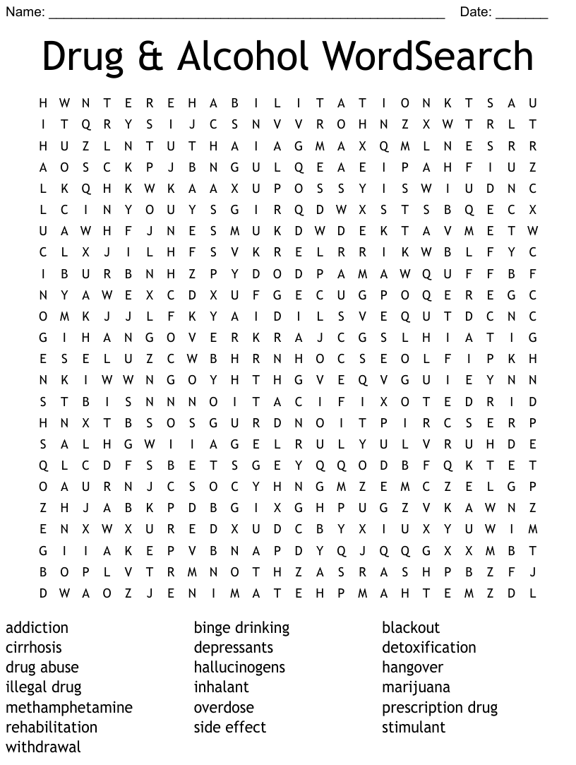 Drugs And Alcohol Word Search Printable Word Search Printable