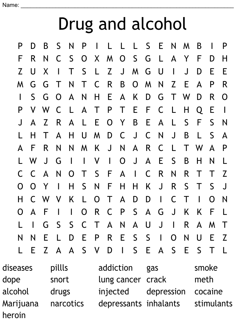 Drugs And Alcohol Word Search Printable