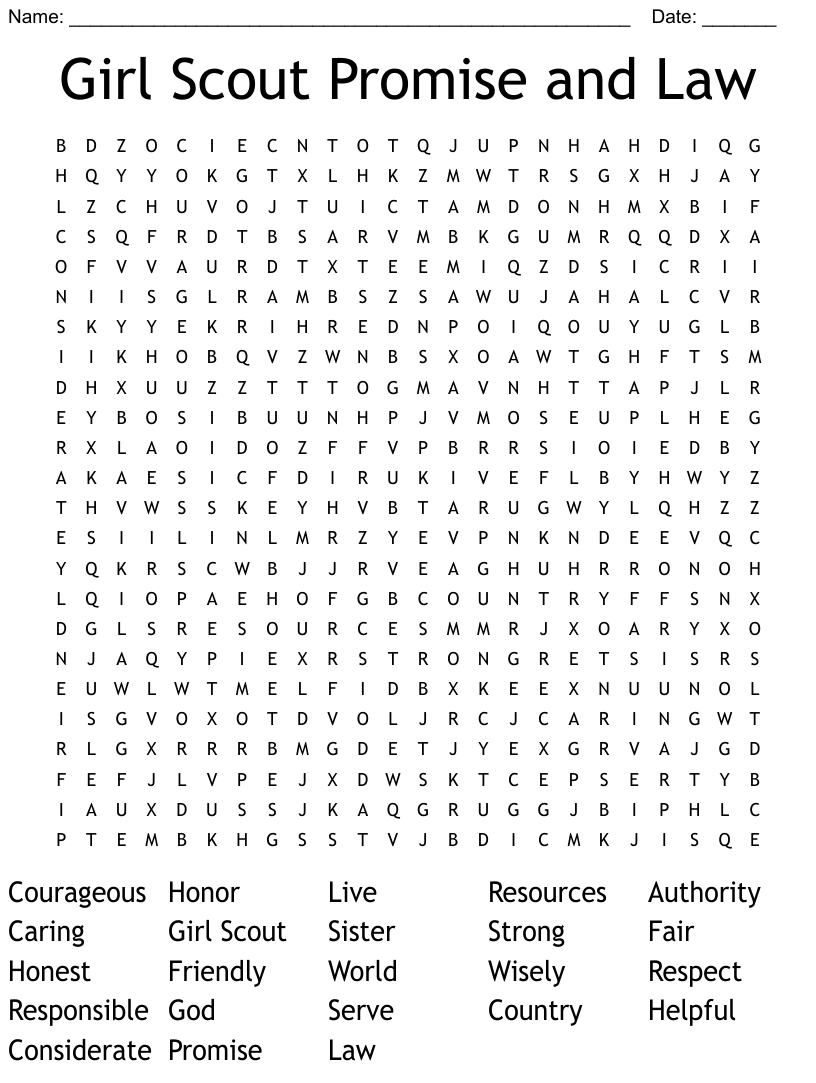 Girl Scout Promise And Law Word Search WordMint
