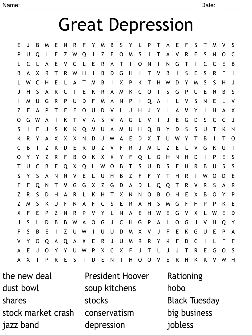 Great Depression Word Search Printable