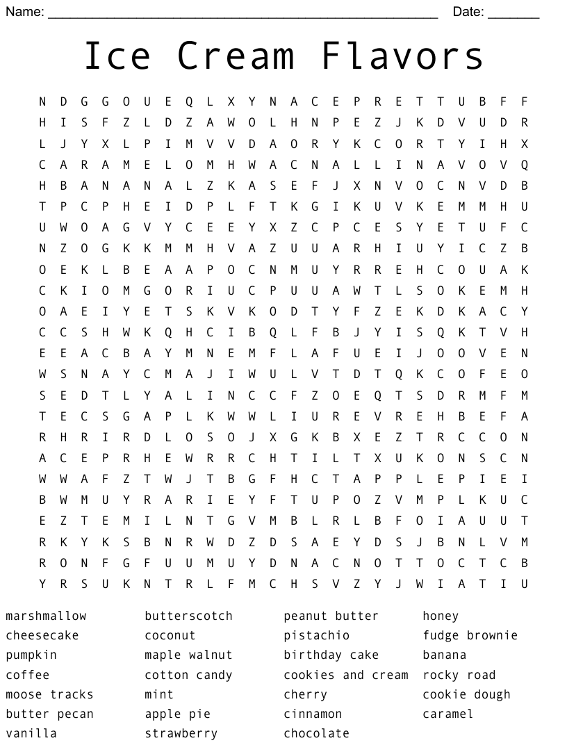 Word Search Printable Ice Cream