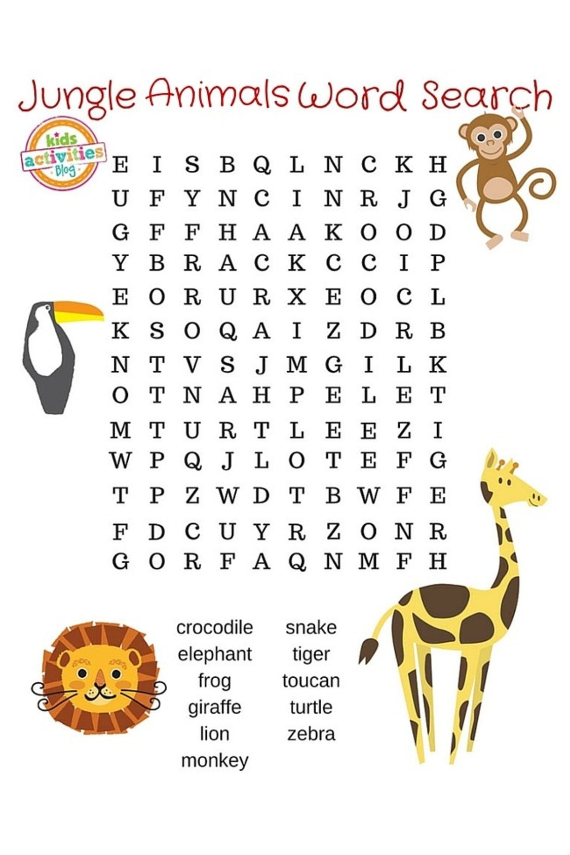 Jungle Animal Word Search Puzzle Printable Jungle Theme Activities Animals For Kids Word Puzzles For Kids