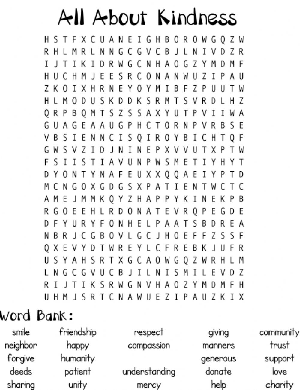 Kindness Wordsearch Worksheet