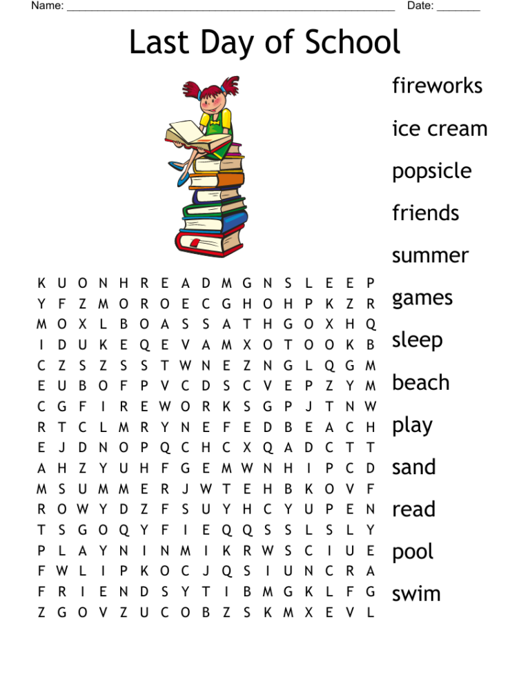 Last Day Of School Word Search WordMint Word Search Printable