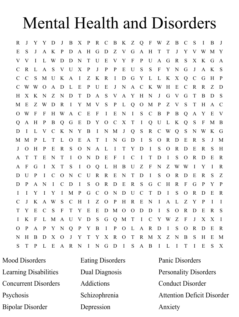 Mental Health And Disorders Word Search WordMint