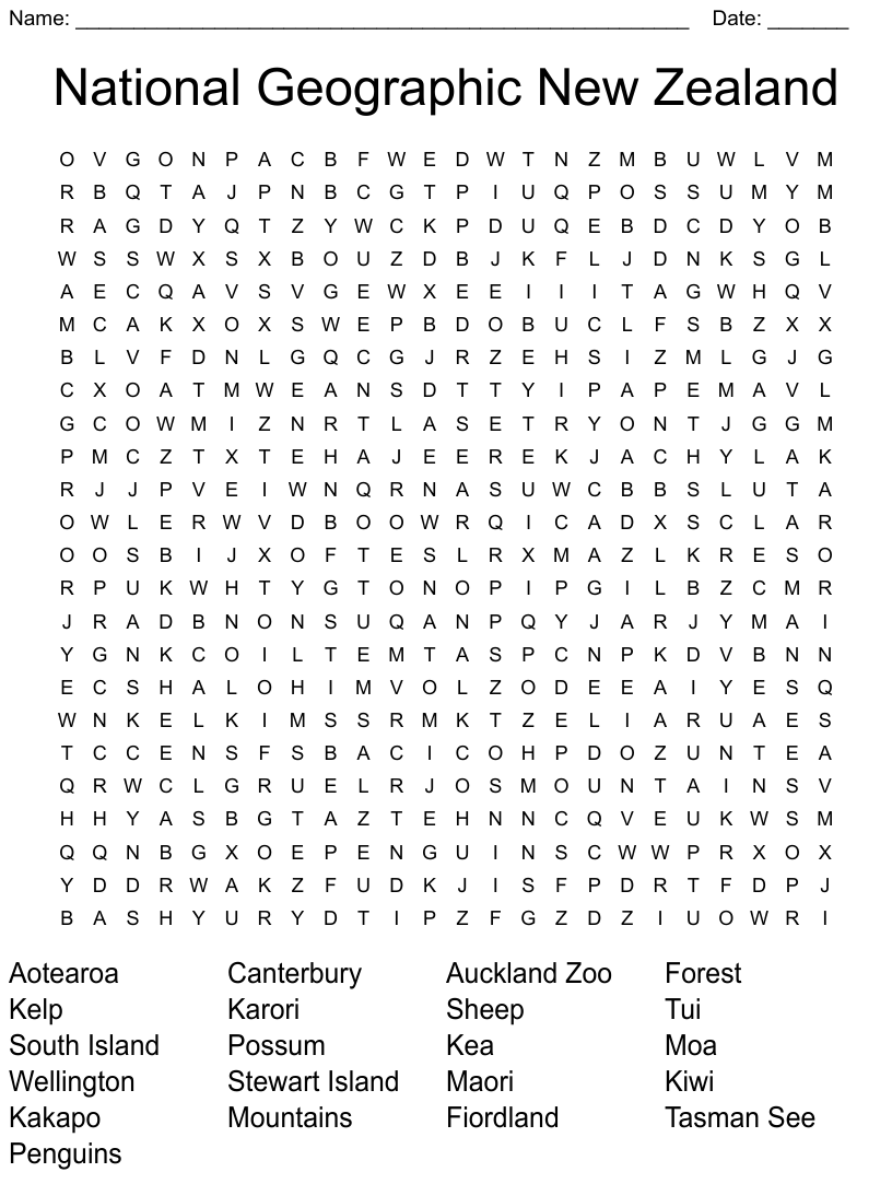 National Geographic New Zealand Word Search WordMint