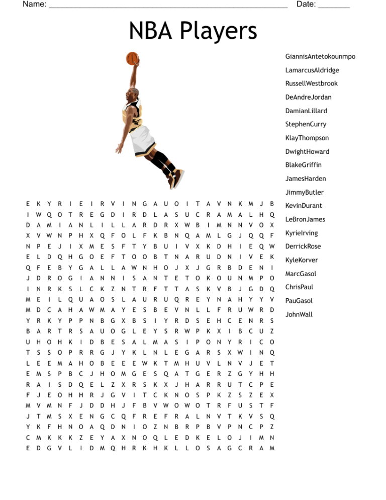 NBA Players Word Search WordMint Word Search Printable