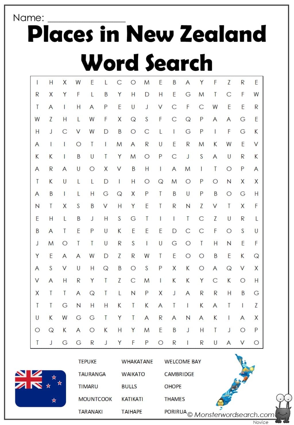Places In New Zealand Word Search Monster Word Search