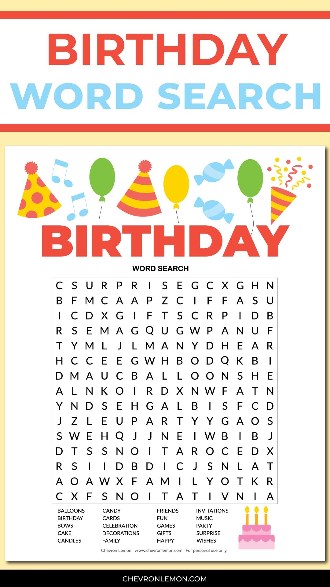 Birthday Word Search Printable