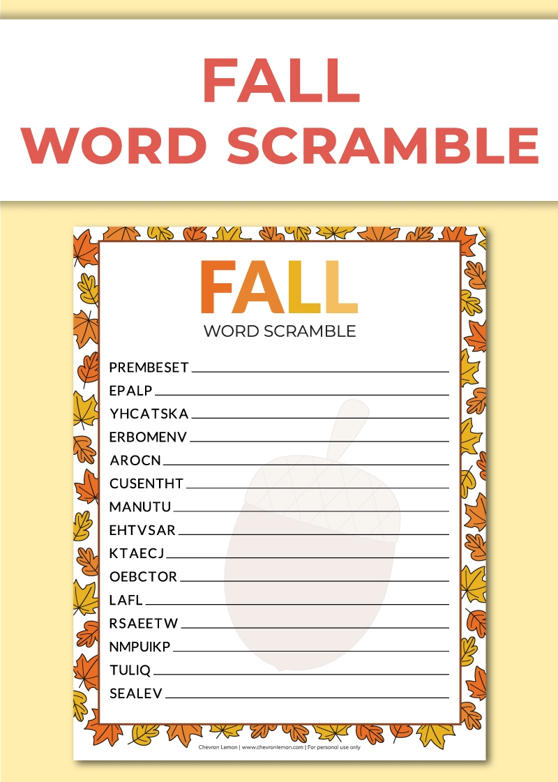 Printable Fall Word Scramble Chevron Lemon