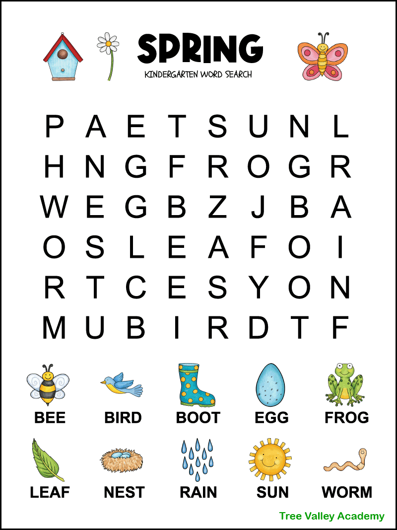 Printable Spring Word Search For Kindergarten Tree Valley Academy