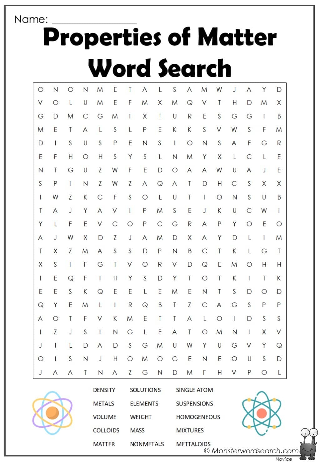 Properties Of Matter Word Search Monster Word Search