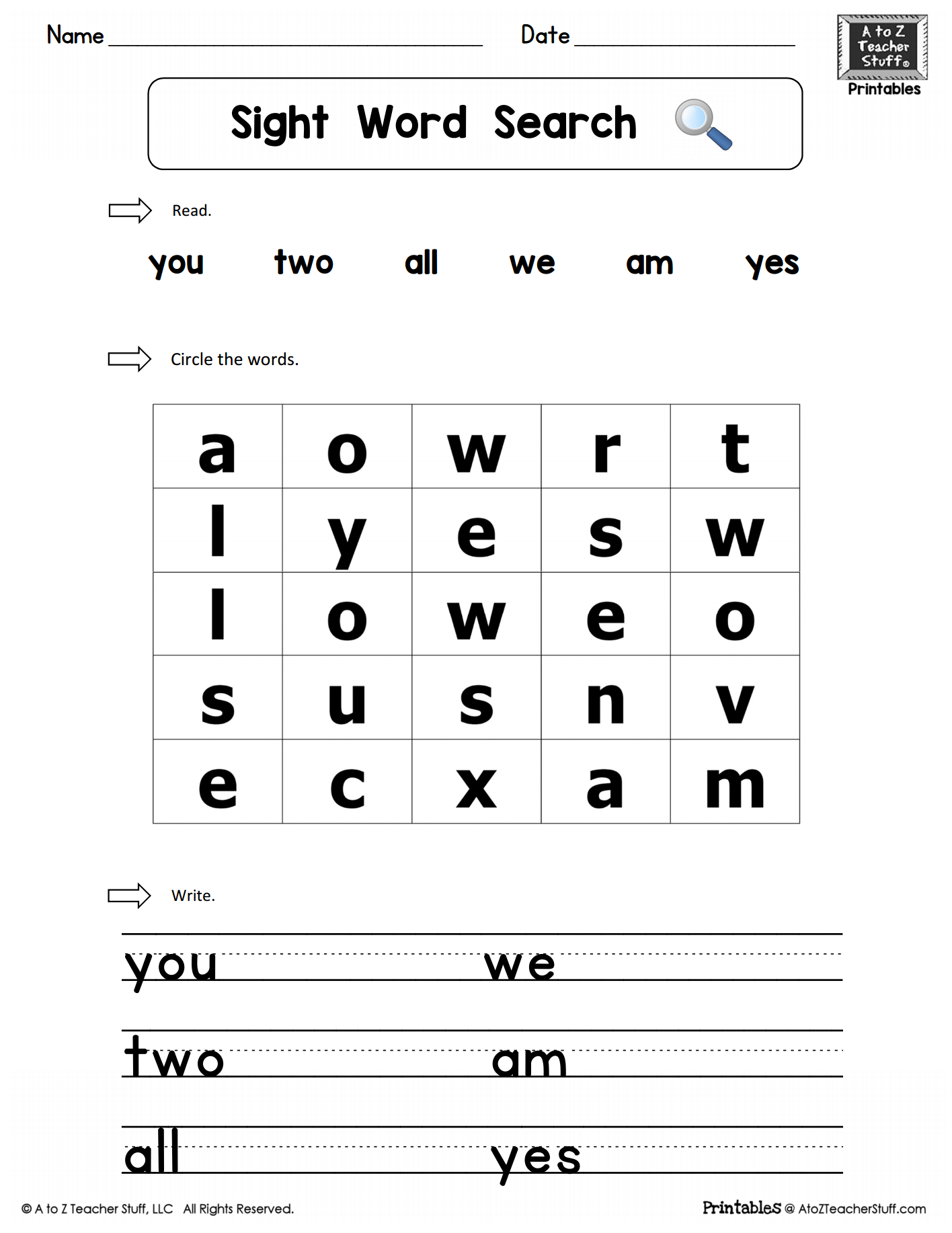 Sight Words Practice Word Search You Two We All Am Yes A To Z Teacher Stuff Printable Pages And Worksheets