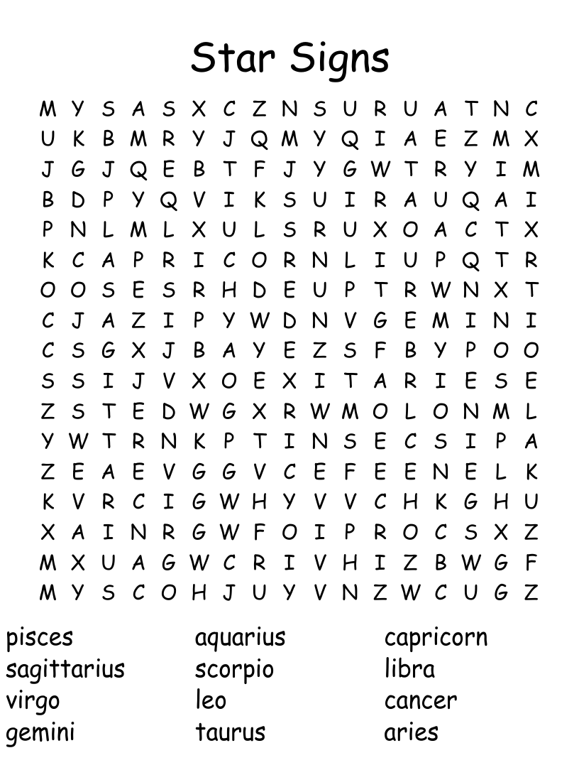 Star Signs Word Search WordMint