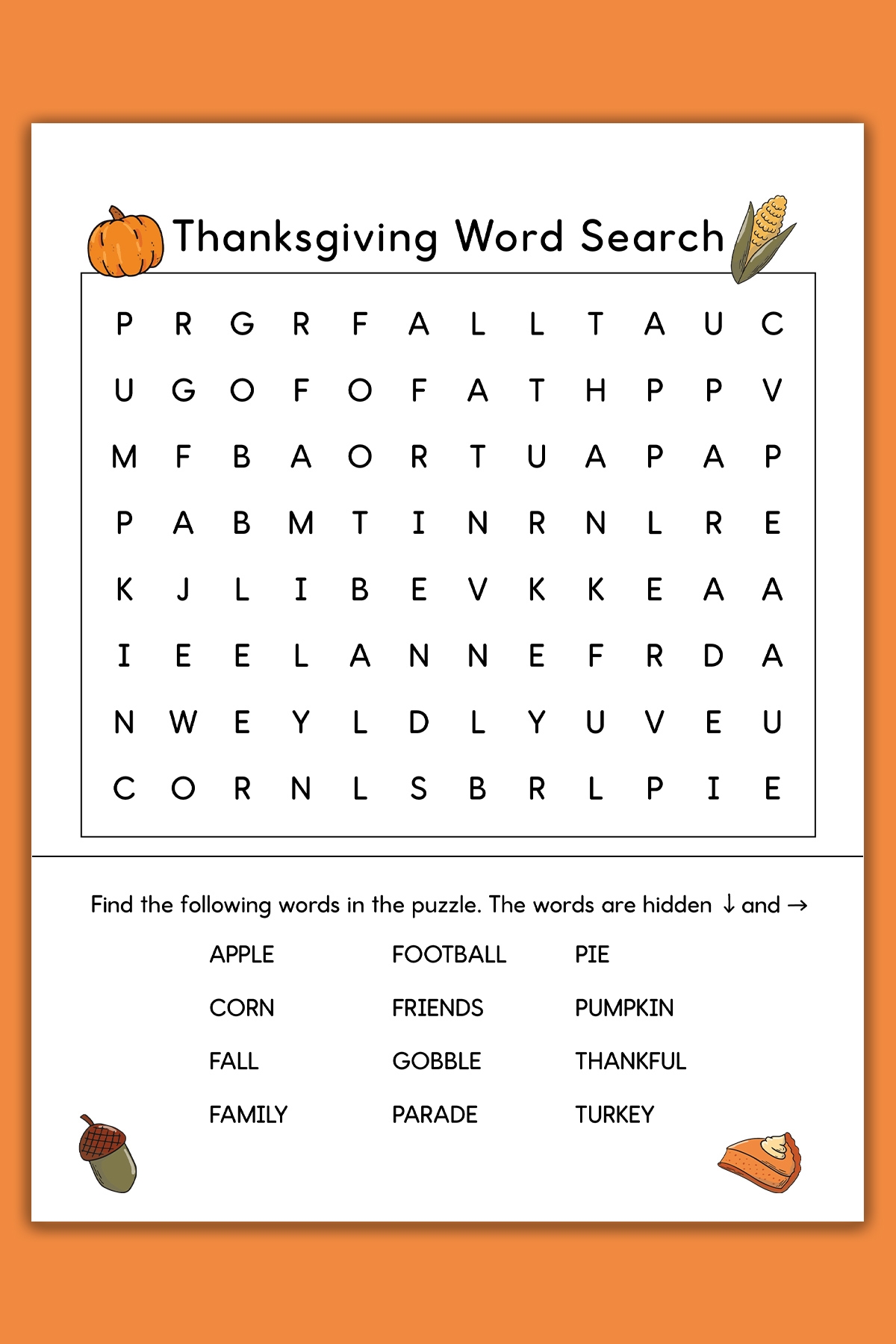 Thanksgiving Word Search Easy Printable