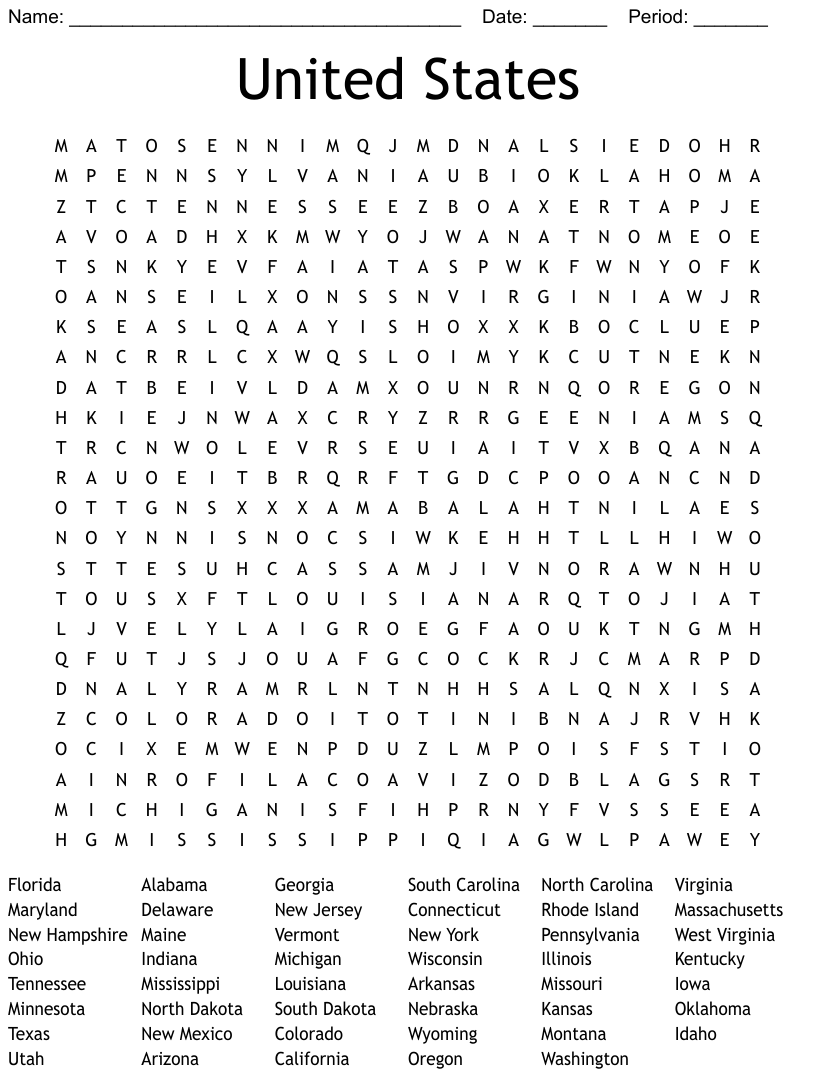 Word Search Printable Us States