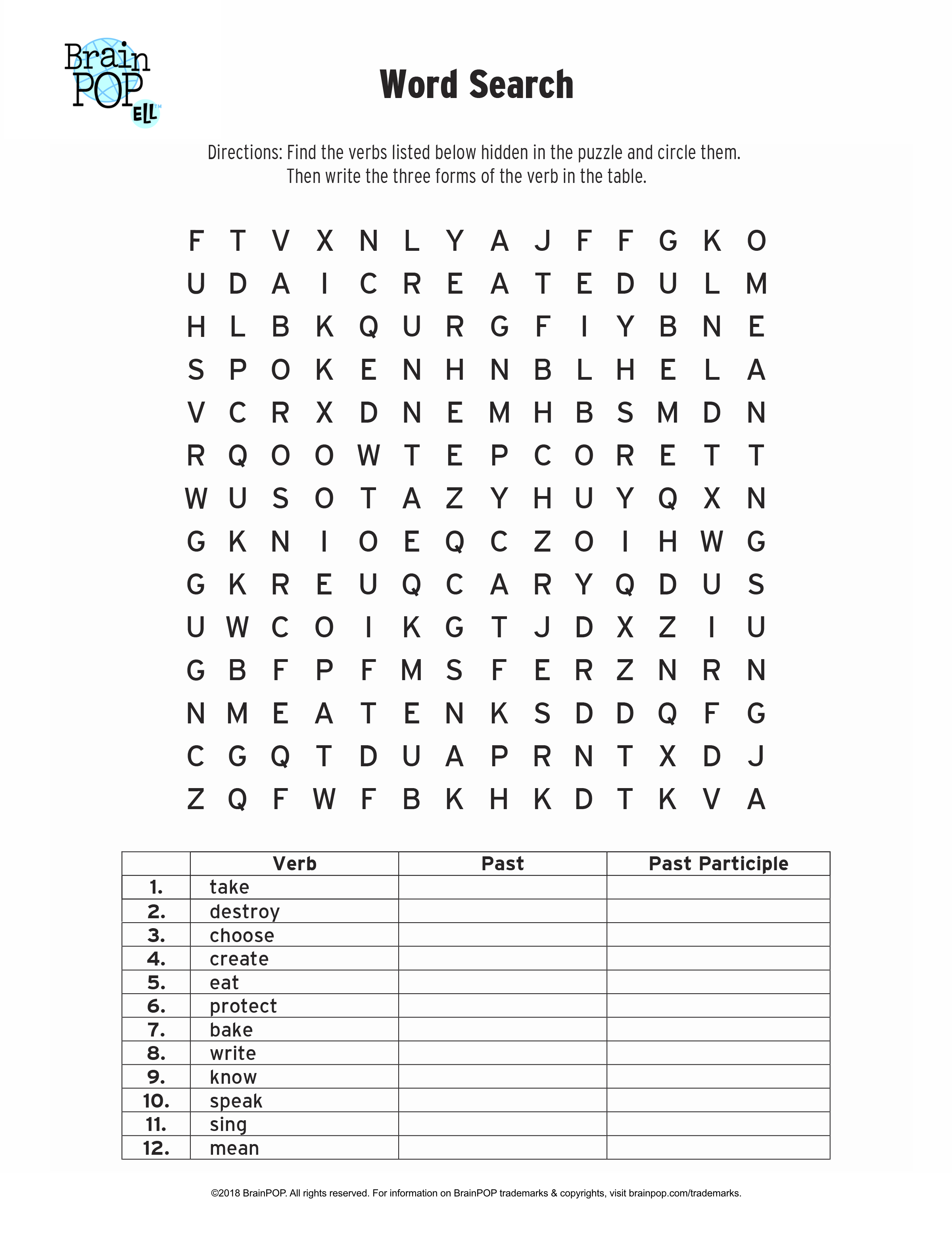 Verb Word Search BrainPOP Educators