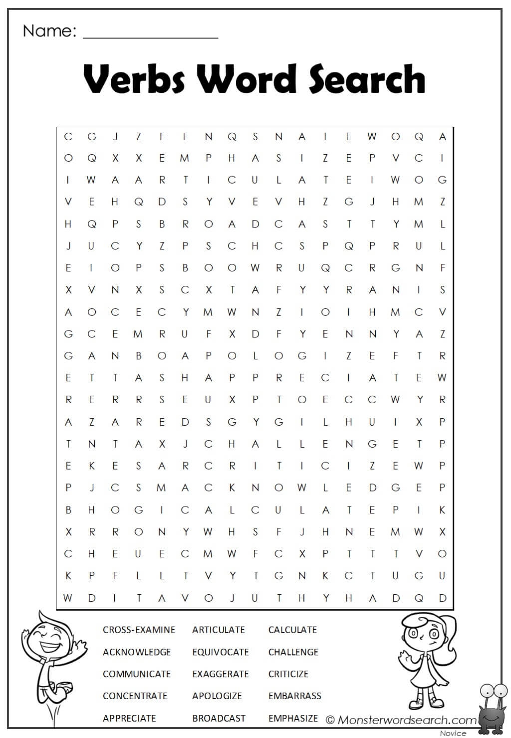 Verbs Word Search Monster Word Search