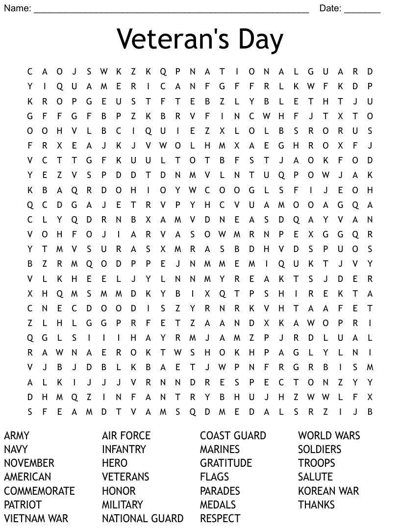 Veterans Day Word Search Printable