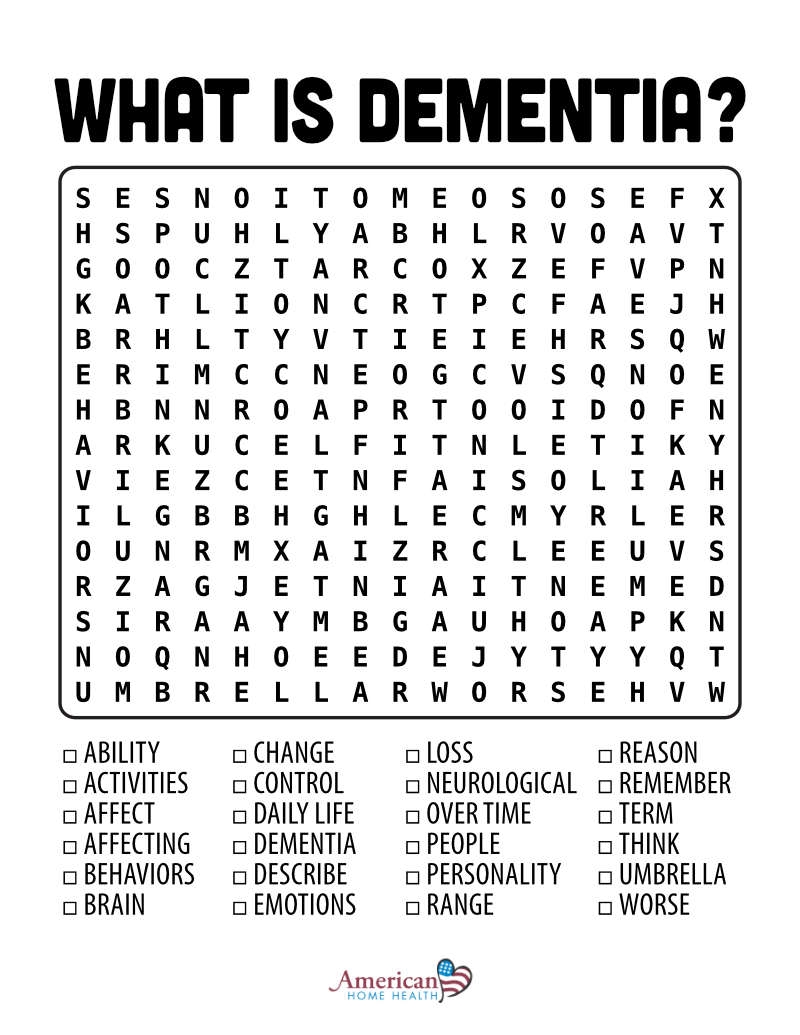 What Is Dementia Word Search Puzzle Large Print American Home Health s Blog