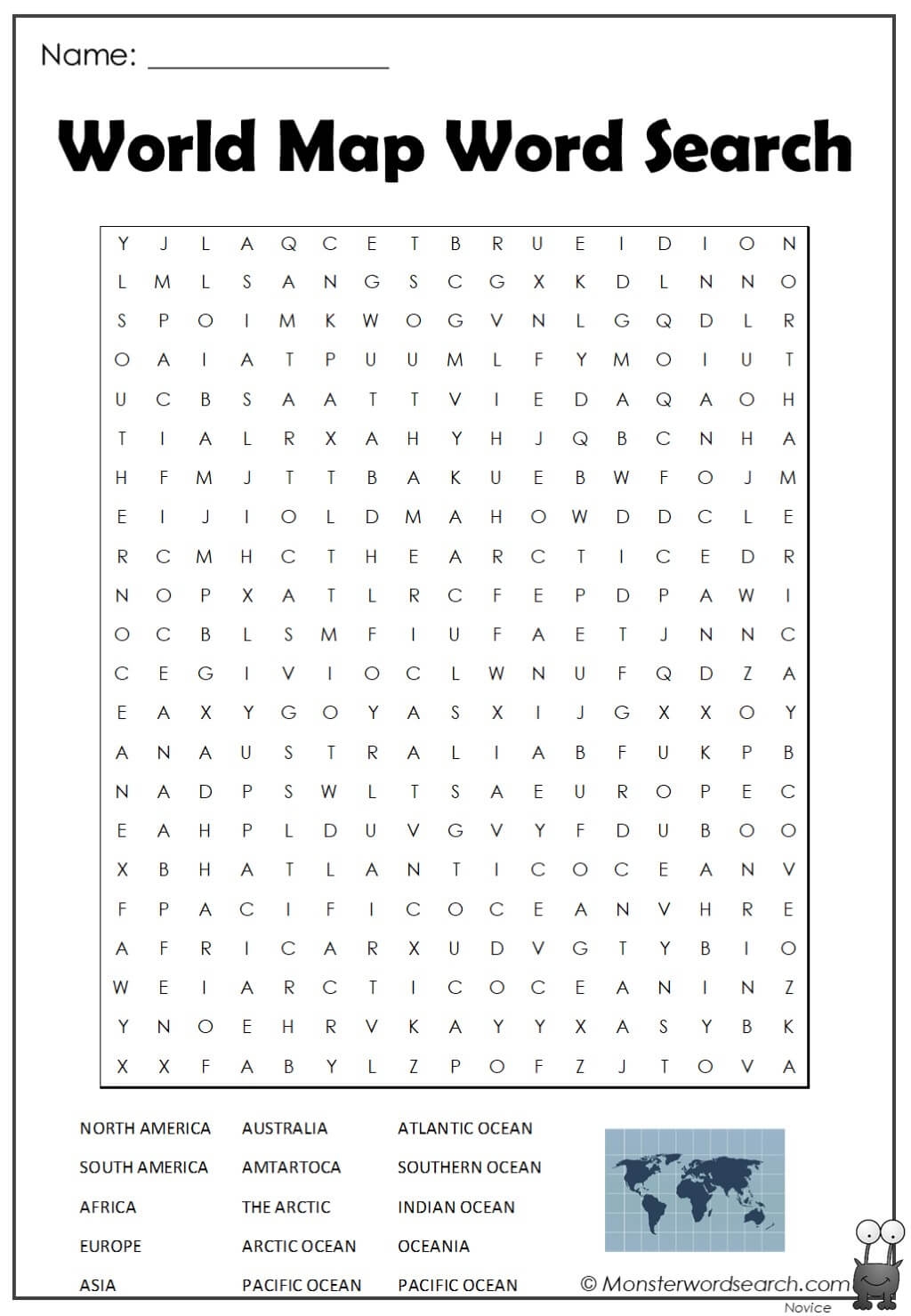 World Map Word Search Monster Word Search