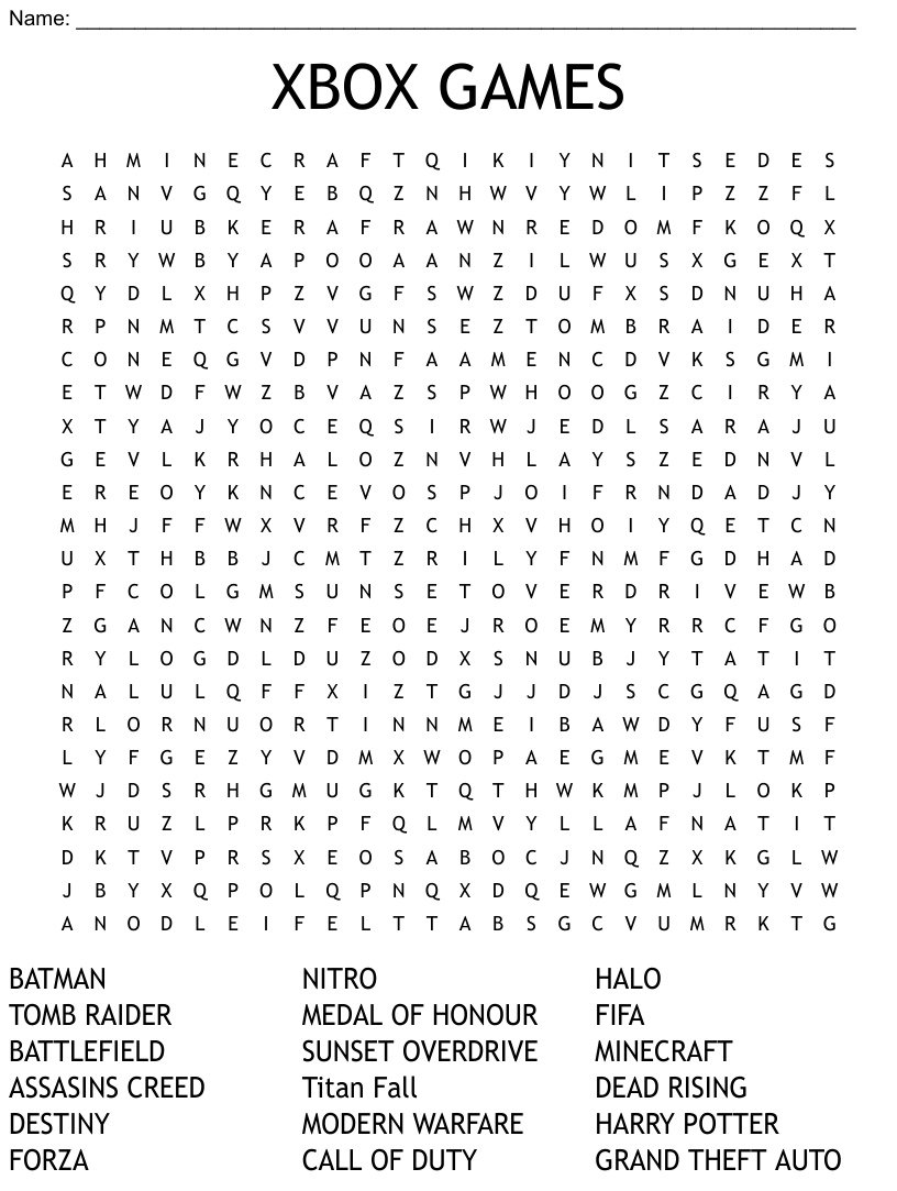 XBOX GAMES Word Search WordMint