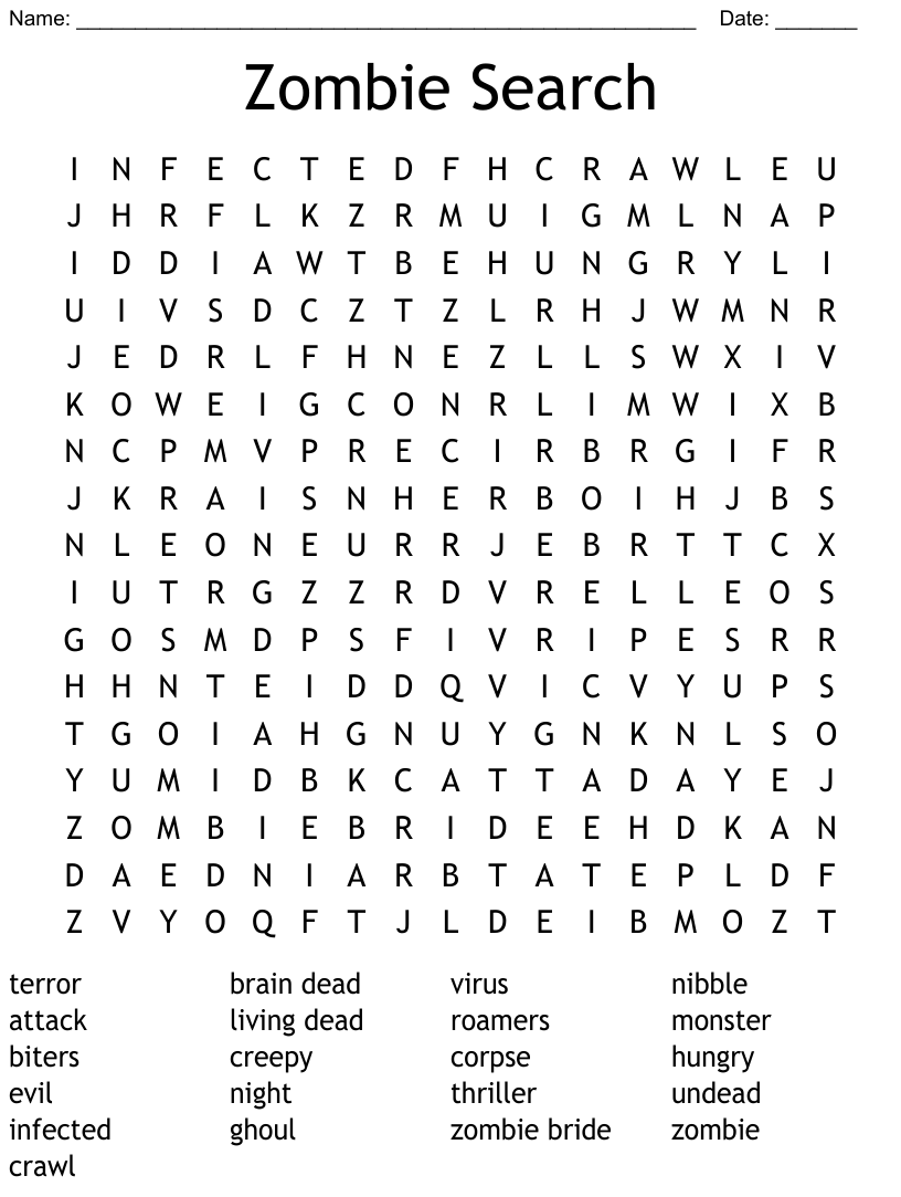 Zombie Search Word Search WordMint