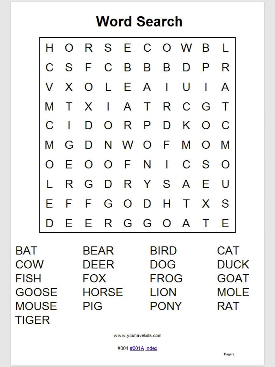 100 Printable Grade 1 Animals Word Searches With Answers Etsy