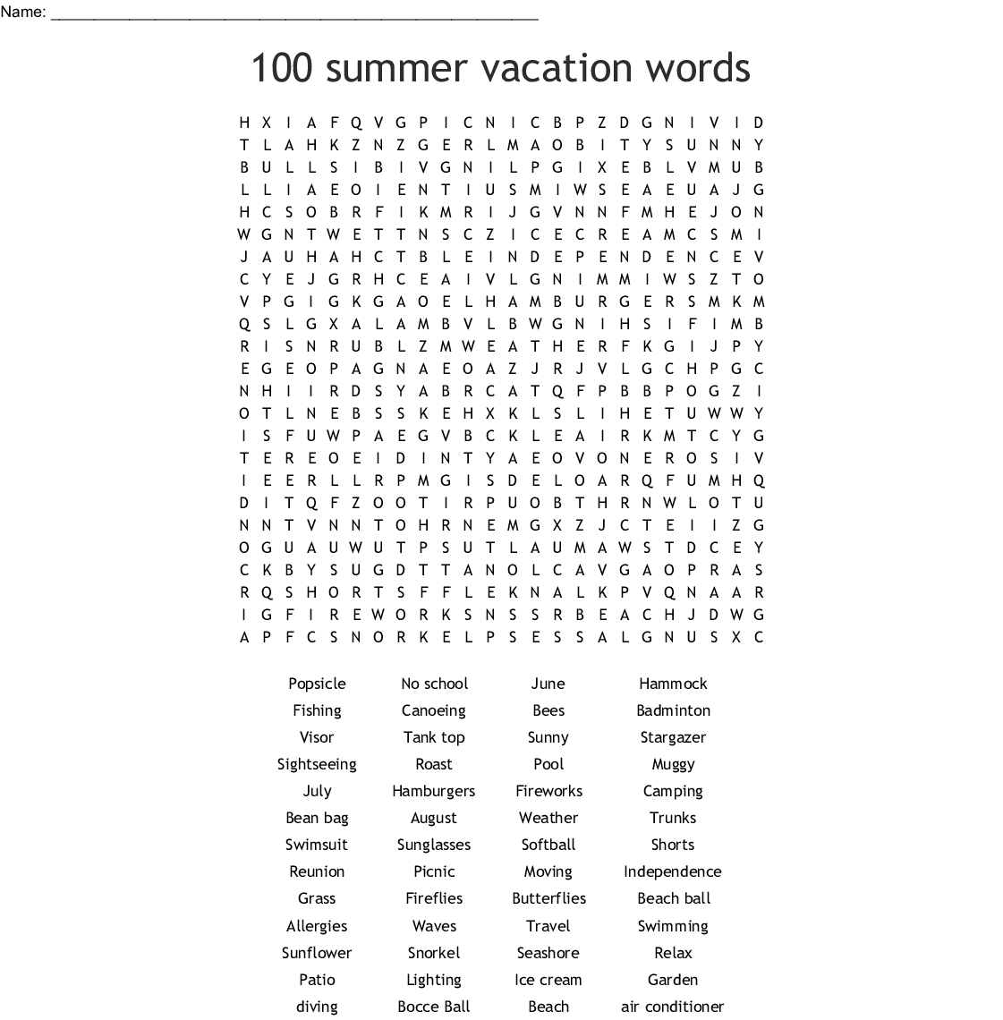 100 Summer Vacation Word Search Key