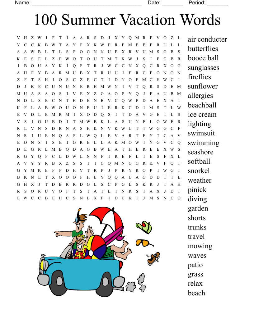 Answer Key 100 Summer Vacation Words Word Search Answers Word Search 