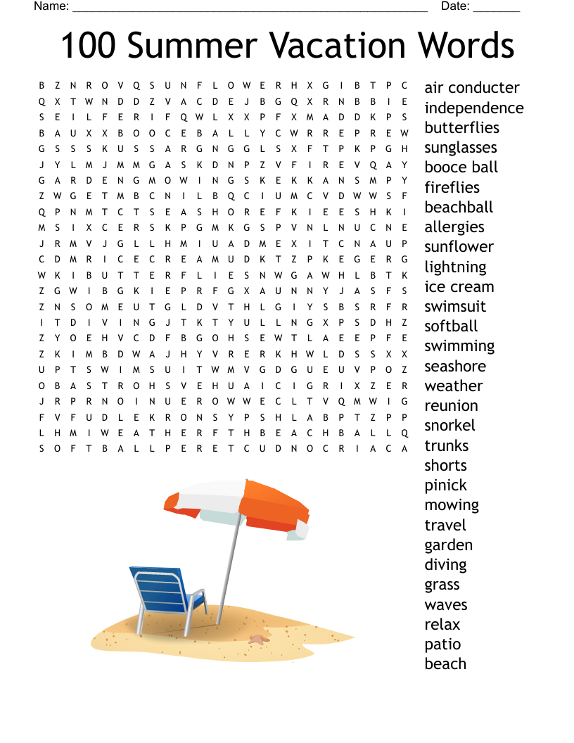 100 Summer Vacation Words Word Search WordMint