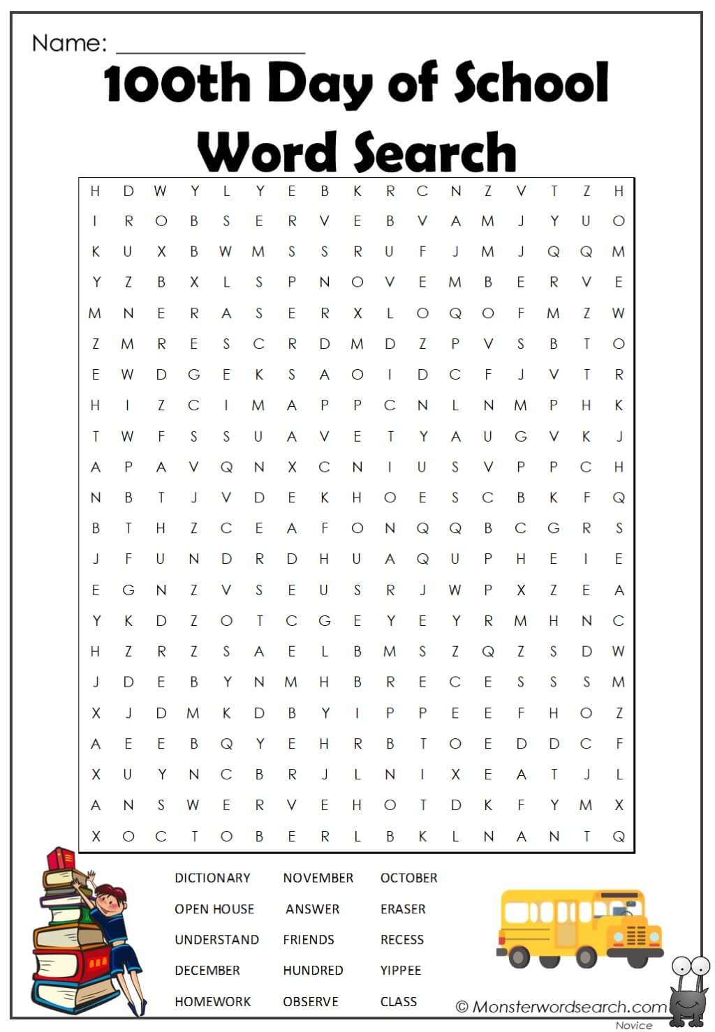 100th Day Of School Word Search Monster Word Search