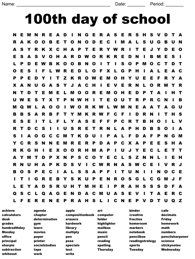 100th Day Of School Word Search Printable Word Search Printable