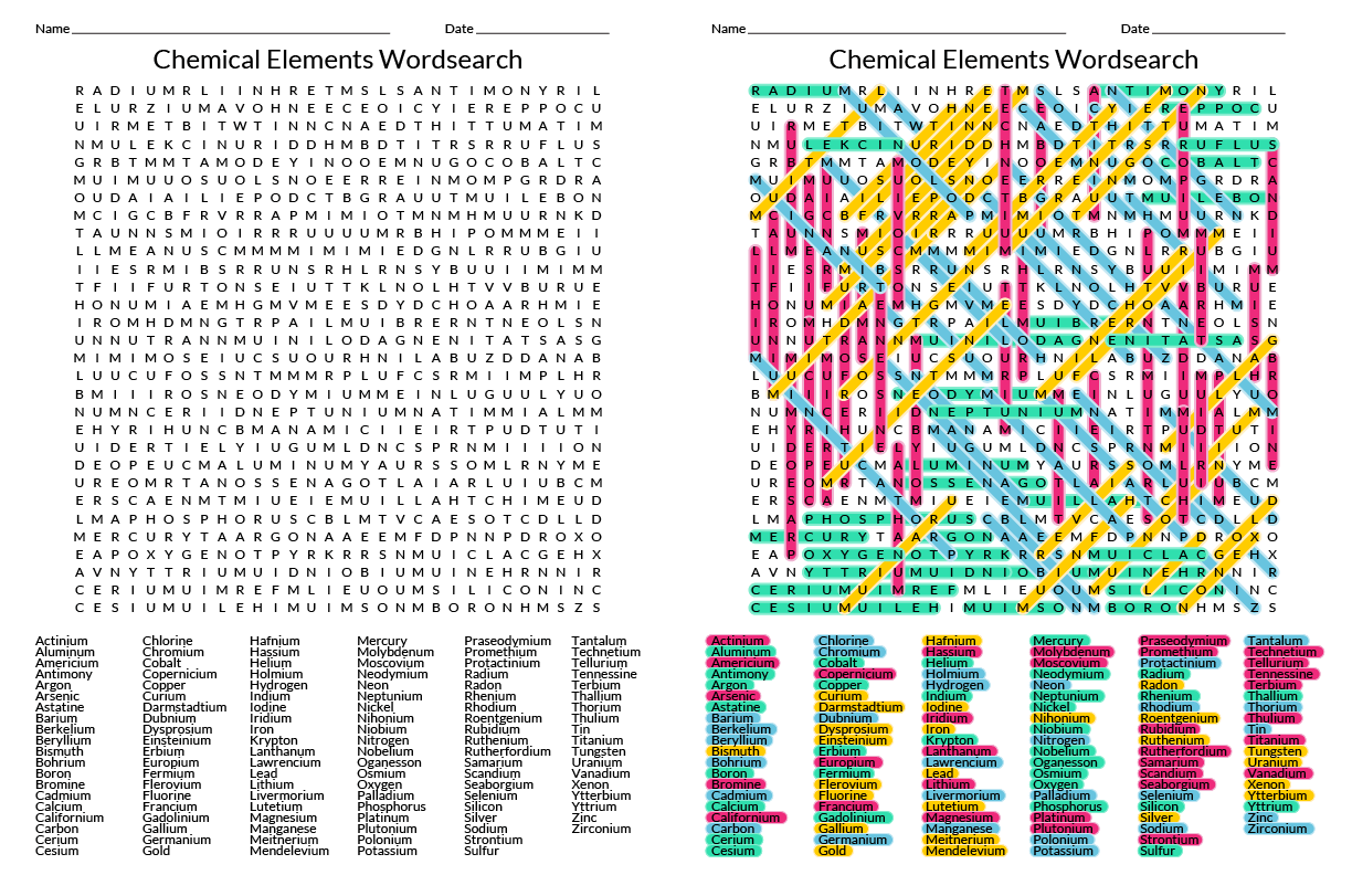 118 Element Wordsearch Chemistry Wordsearch