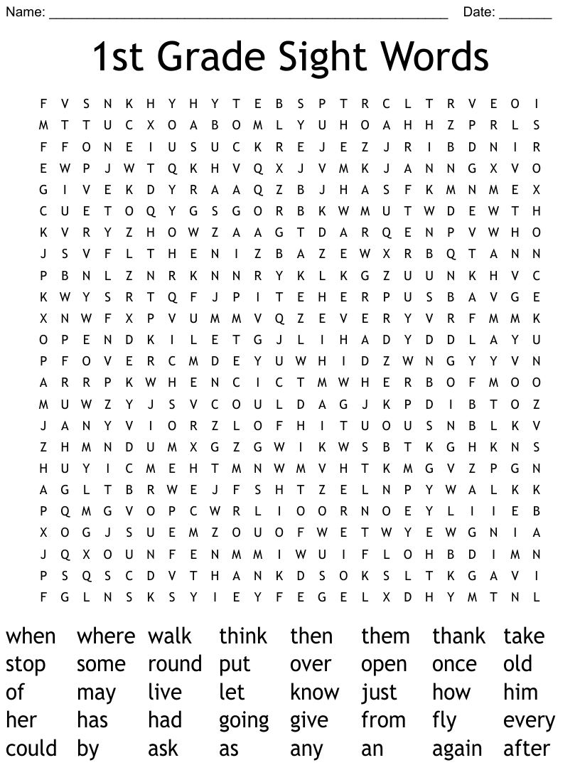 Word Search For First Graders