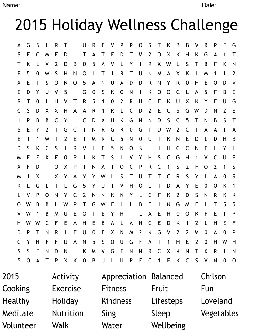 2015 Holiday Wellness Challenge Word Search WordMint
