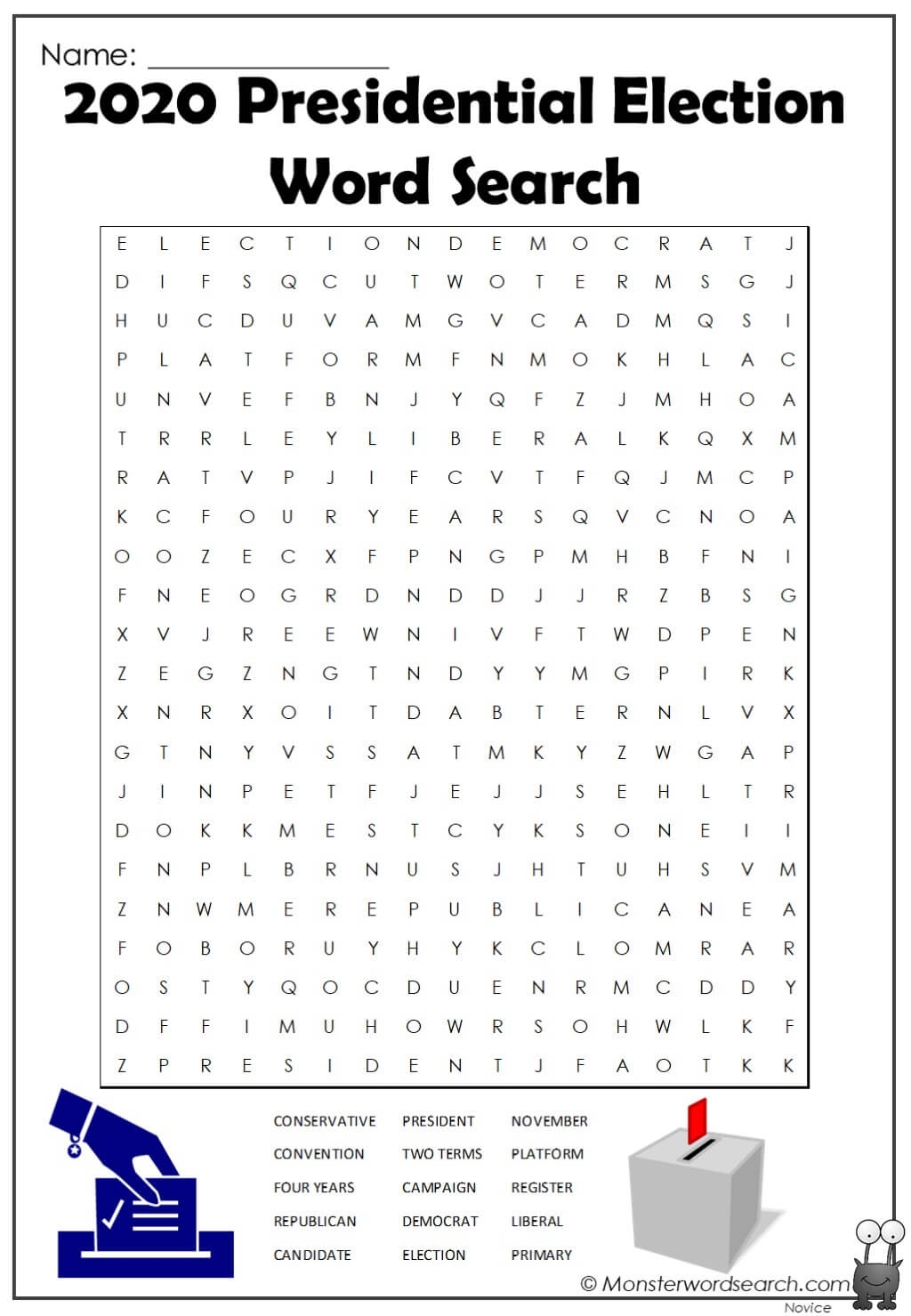 2020 Presidential Election Word Search Monster Word Search