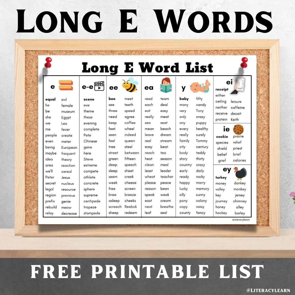 233 Long E Words Free Printable List Literacy Learn