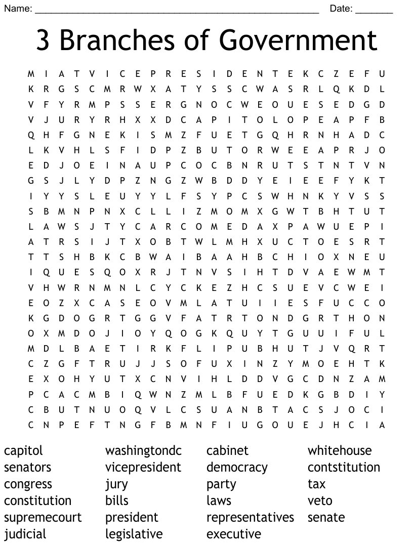 3 Branches Of Government Word Search WordMint